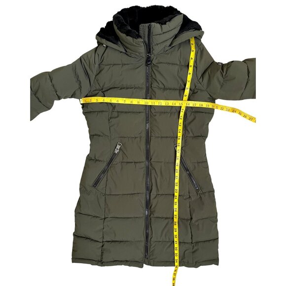 Andrew Marc Olive Green Stretch Puffer Jacket Faux Fur Hood Small - Picture 10 of 12